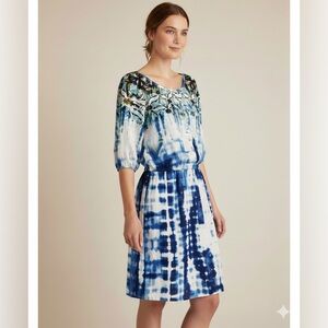 Boston Proper Size 6 Blue White Tie Dye Boho Dress Cinched Waist Tropical Resort